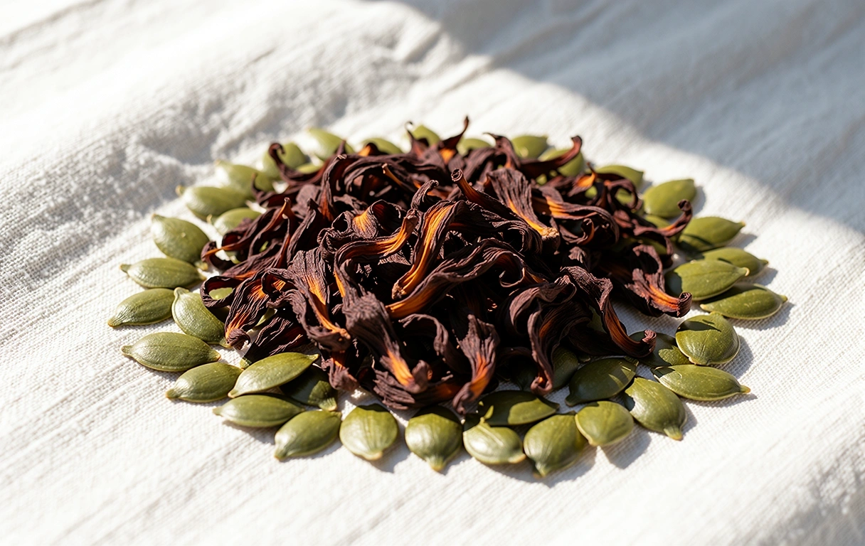 Macro botanical study of hibiscus and seeds